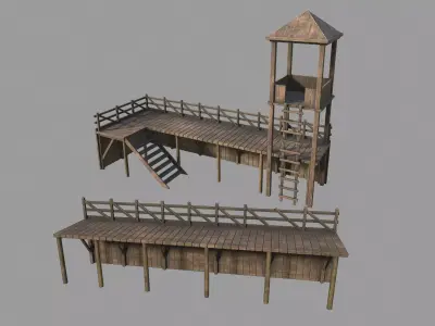 Barracks wooden structure with stairs and tower Low-poly 3D model