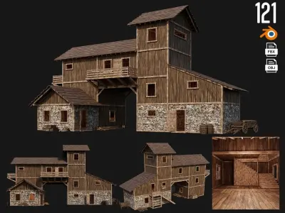 4 Old Wooden House Building Pack 4K GameReady 121 to 124 Low-poly 3D model