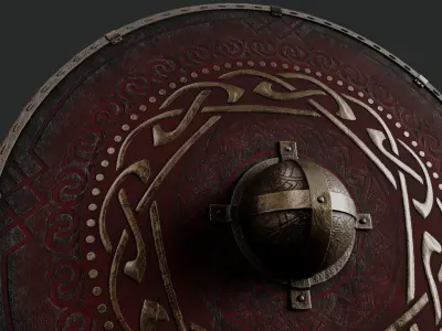 Slavic round leather shield-painted red with golden  symbol Low-poly 3D model