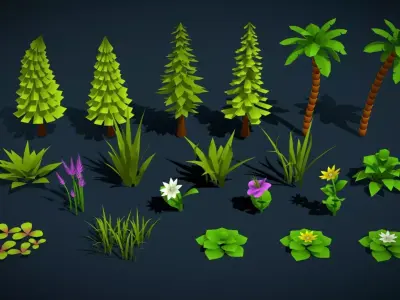 Stylized Lowpoly Game Foliage Low Poly Trees Grasses Plants Kit Low-poly 3D model