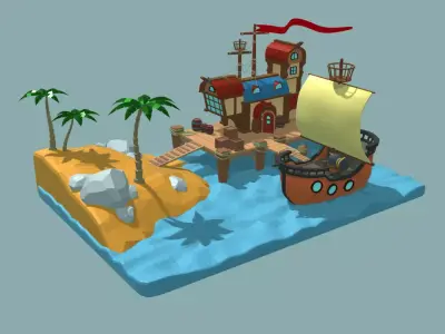 Pirate House scene Low-poly 3D model