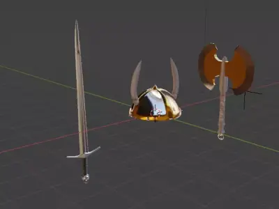 Viking package sword helmet axe Low-poly 3D model