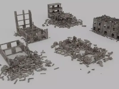 Ruined Buildings  - Game Ready - PBR Low-poly 3D model