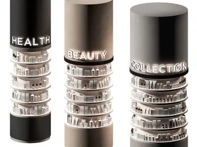 Round columns racks with goods Cosmetics products showcase 3D model