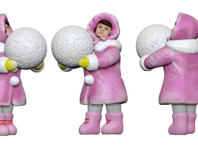 001350 girl in pink winter jacket with a big snowball for sno... 3D model