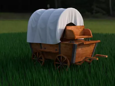 carriage wooden covered wagon in grass Low-poly 3D model