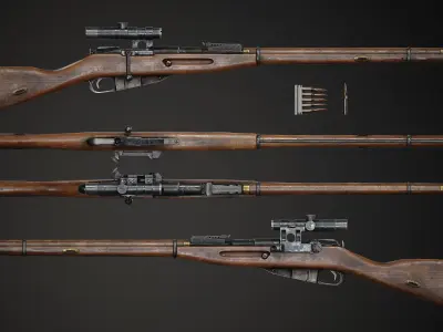 PBR Soviet Mosin Nagant 91-30 Sniper Rifle Low-poly 3D model