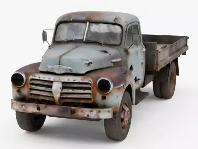 A Realistic Wrecked 1950s Rural Flatbed Truck 3D Model Low-poly 3D model