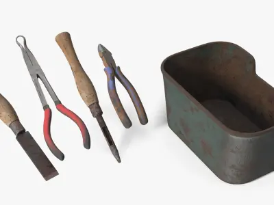 Old Hand Tool Set in Rusty Metal Tray 3D model