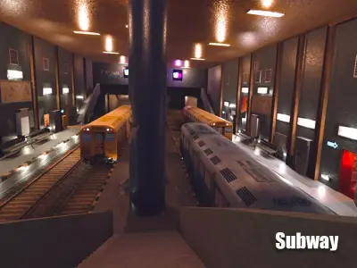 Subway station with trains on tracks Low-poly 3D model