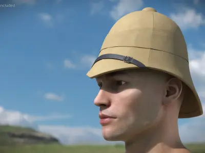 19th Century Military Pith Helmet Beige Brim Strap 3D model