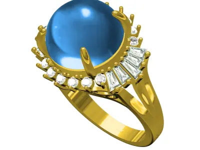 Antique Cabochon Stone Round and Baguette Diamond Cluster Ring 3D print model
