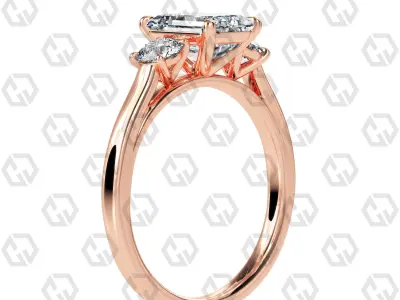 Ring 113 Emerald Shape Cathedral shank 3 stone ring with round 3D print model