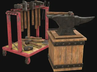 Anvil with Ironwork Tools and Rack 1 Low-poly 3D model