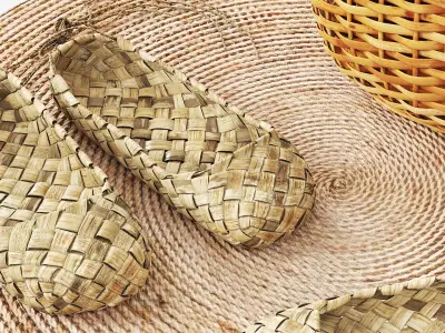 Two Pairs of Bast Shoes and Rustic Mushroom Basket 3D model