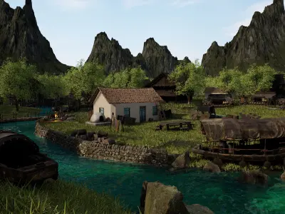Rivervale Hollow Handcrafted Medieval River Village Environment  3D model