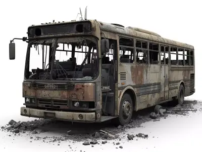 Wrecked City Bus Post Apocalyptic 3D Model Low-poly 3D model