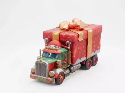 Chunky Christmas Gift Truck 3D Model - Cute Holiday Delivery Low-poly 3D model