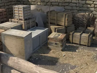 Realistic Wooden Box and Barrels 3D model