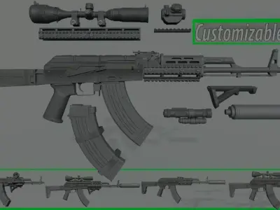Customizable AKM rifle LowPoly PBR  Low-poly 3D model
