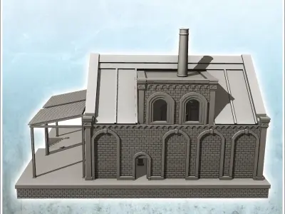 Brick industrial storage warehouse on platform with chimney and  3D print model