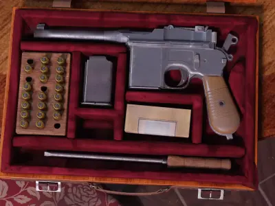 Mauser C96 Broomhandle with carry  case low poly game asset Low-poly 3D model