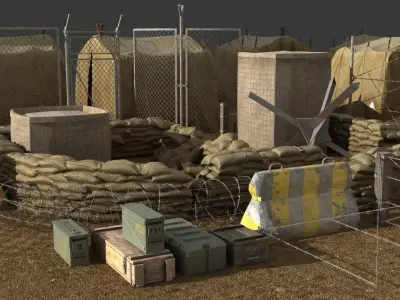Military Barricade tent sandbag Barbwire Barricade  Low-poly 3D model