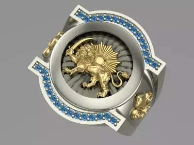 Gold Persian Lion and Sun men ring 3D print model