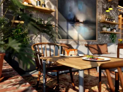 Industrial coffee shop interior scene 3D model
