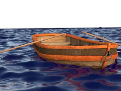 boat 3D model wooden floating in ocean Low-poly 3D model