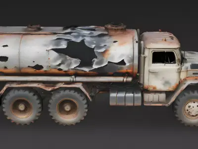  Battle-Scarred Fuel Tanker Truck 3D Vehicle Model Low-poly 3D model