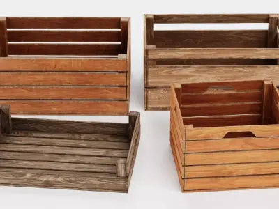 Wooden Boxes - 4 Open Slatted Storage Crates 3D model