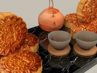 Chinese moon cake with teapot set 3D model