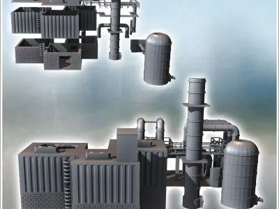 Industrial building set with storage silo and ventilation chimne 3D print model