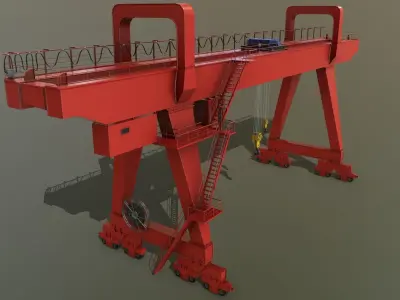 PBR Double Girder Gantry Crane V2 - Red Low-poly 3D model