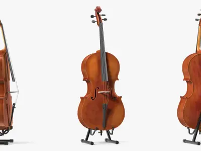 Wooden Cello on Metal Floor Stand Brown 3D model
