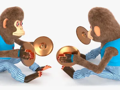 Windup Monkey Toy with Cymbals Blue Striped Fur for Cinema 4D 3D model