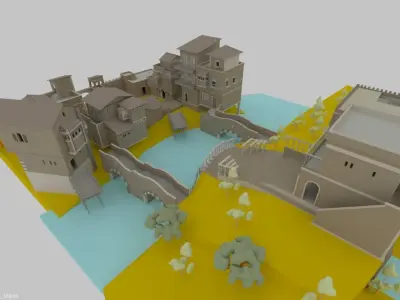 LOW POLY HISTORIC VILLAGE BESIDE RIVER Low-poly 3D model