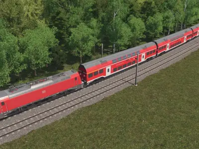 German Double Decker Train and Locomotive Low-poly 3D model