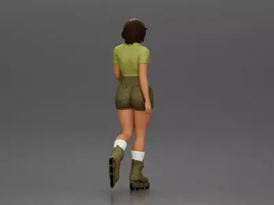 Woman in green outfit gliding smoothly on olive roller skates 3D print model