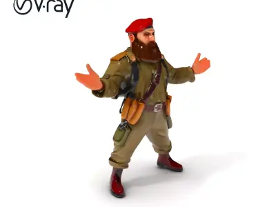 Bearded Soldier Character Model with Red Beret and Military Gear Low-poly 3D model