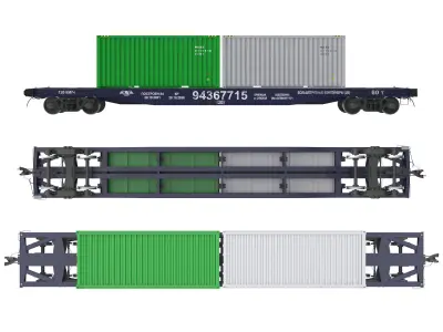 Train wagon flatcar with 20ft containers 3D model
