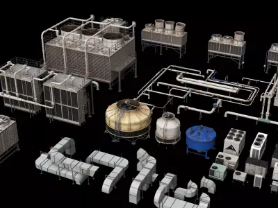 Industrial Rooftop HVAC Cooling Tower And Pipe Collection 3D model