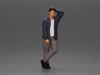 Fashion model posing casually in open shirt cargo pants 3D print model