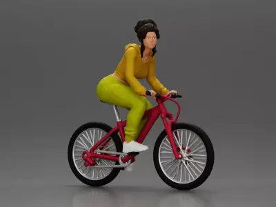 Sporty girl riding a red bike in bright yellow tracksuit 3D print model