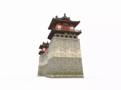 Ancient Asian architecture city wall corner tower 3D model