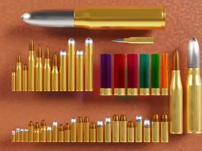 bullet collection gold bullets in shapes and sizes Low-poly 3D model