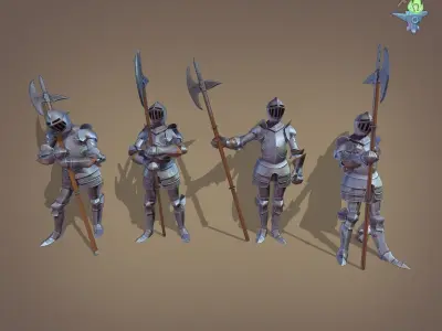 Gosthly Armor with Halberd 4 poses Low-poly 3D model