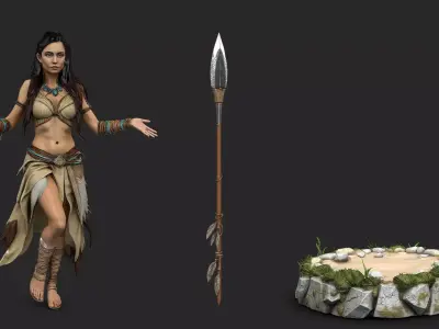 Native american warrior woman with polearm high poly resolution 3D model
