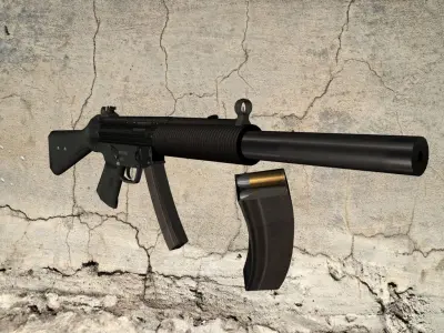 MP5-SD gun on concrete wall Low-poly 3D model